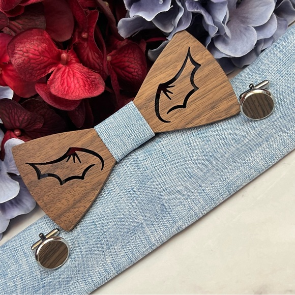 Handmade Wood Batwing Butterfly Bow Tie Cufflinks Blue Pocket Square Set - Picture 5 of 16